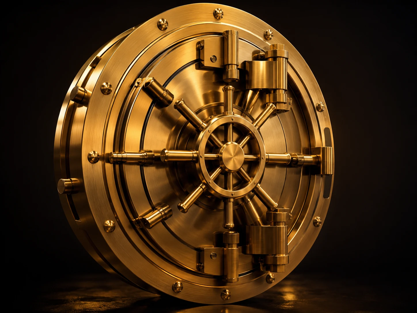 Vault's golden bank-vault door with a radial spoke handle and locking bolts, on a dark background.